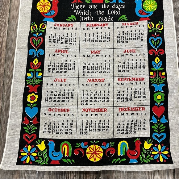 Vintage 1970 Primitive Design Linen Cloth Dish Towel Calendar - Picture 4 of 7